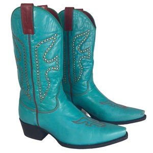 Vtg Frye Daisy Duke Turquoise Red Leather Studded Cowboy Western Rodeo Boots 8